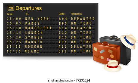 Vector Illustration Of Vintage Mechanical Airport Time Table And Travel Suitcases.