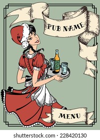 Vector illustration of vintage menu cover for pub or cafe, retro waitress in red dress holding tray with beer order, New Year and Christmas holidays Santa girl in red hat and with braids