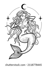 Vector illustration of vintage mermaid with moon and stars