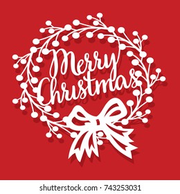 A vector illustration of vintage merry christmas wreath with ribbon bow paper cut.