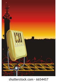 Vector illustration vintage microphone on radiobackground