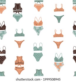 Vector illustration of vintage and modern bikini panties and bras forming seamless pattern for summer holiday concept