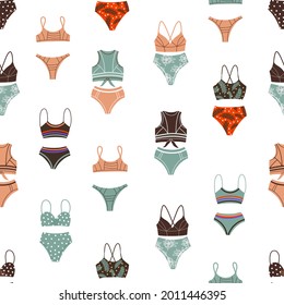 Vector illustration of vintage and modern bikini panties and bras forming seamless pattern for summer holiday concept
