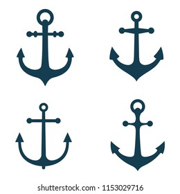 Vector illustration, vintage monochrome nautical anchor, set icons isolated on white background. Simple shape for design logo, badge, sign, symbol, emblem, label, stamp.