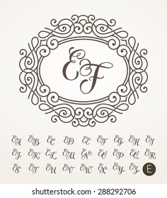 Vector illustration of vintage monogram, emblem or label. Design template with ornamental frame. Calligraphic set with letter E