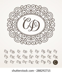 Vector illustration of vintage monogram, emblem or label. Design template with ornamental frame. Calligraphic set with letter C