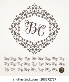 Vector illustration of vintage monogram, emblem or label. Design template with ornamental frame. Calligraphic set with letter B
