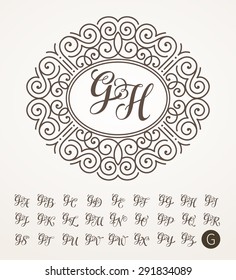 Vector illustration of vintage monogram, emblem or label. Design template with ornamental frame. Calligraphic set with letter G