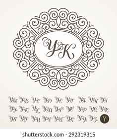 Vector illustration of vintage monogram, emblem or label. Design template with ornamental frame. Calligraphic set with letter Y