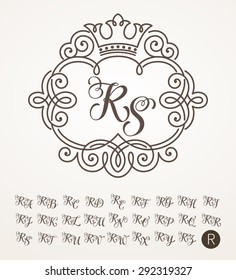 Vector illustration of vintage monogram, emblem or label. Design template with ornamental frame. Calligraphic set with letter R