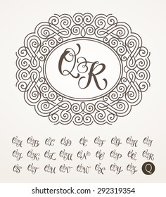 Vector illustration of vintage monogram, emblem or label. Design template with ornamental frame. Calligraphic set with letter Q