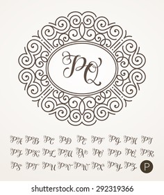 Vector illustration of vintage monogram, emblem or label. Design template with ornamental frame. Calligraphic set with letter P