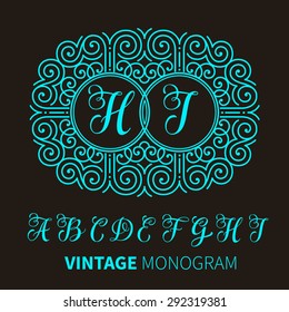 Vector illustration of vintage monogram, emblem or label. Design template with ornamental frame. Calligraphic set with letter A-I