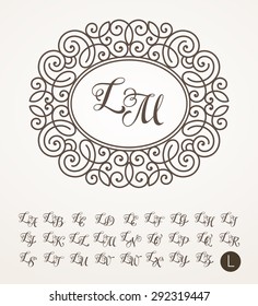 Vector illustration of vintage monogram, emblem or label. Design template with ornamental frame. Calligraphic set with letter L
