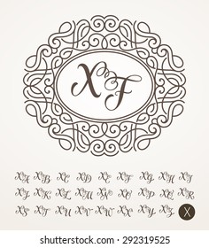 Vector illustration of vintage monogram, emblem or label. Design template with ornamental frame. Calligraphic set with letter X