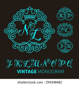 Vector illustration of vintage monogram, emblem or label. Design template with ornamental frame. Calligraphic set with letter J-Q