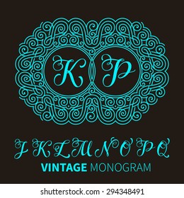 Vector illustration of vintage monogram, emblem or label. Design template with ornamental frame. Calligraphic set with letter J-Q