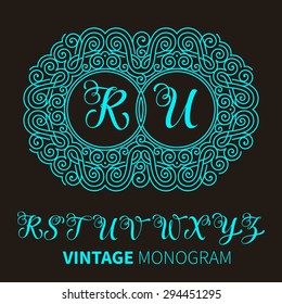 Vector illustration of vintage monogram, emblem or label. Design template with ornamental frame. Calligraphic set with letter R-Z