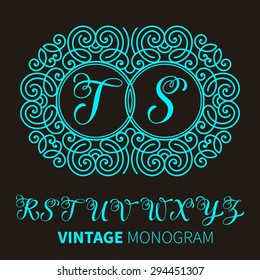 Vector illustration of vintage monogram, emblem or label. Design template with ornamental frame. Calligraphic set with letter R-Z