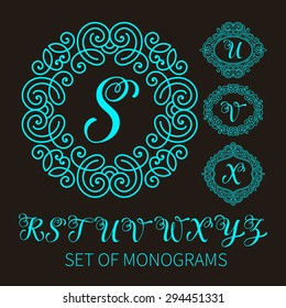 Vector illustration of vintage monogram, emblem or label. Design template with ornamental frame. Calligraphic set with letter R-Z