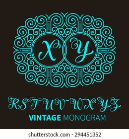 Vector illustration of vintage monogram, emblem or label. Design template with ornamental frame. Calligraphic set with letter R-Z