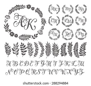 Vector illustration of vintage monogram set. Design template with floral frame, leaves and elements, calligraphic letters, emblem and label. Design element for invitation, wedding or greeting cards