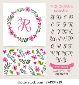 Vector illustration of vintage monogram set. Design template with floral frame, leaves and elements, calligraphic letters, emblem and label. Design element for invitation, wedding or greeting cards