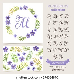 Vector illustration of vintage monogram set. Design template with floral frame, leaves and elements, calligraphic letters, emblem and label. Design element for invitation, wedding or greeting cards