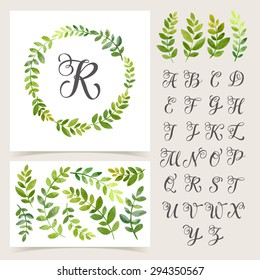 Vector Illustration Of Vintage Monogram Set. Design Template With Floral Frame, Leaves And Elements, Calligraphic Letters, Emblem And Label. Design Element For Invitation, Wedding Or Greeting Cards