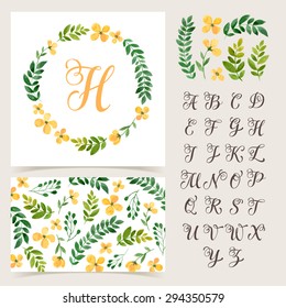 Vector illustration of vintage monogram set. Design template with floral frame, leaves and elements, calligraphic letters, emblem and label. Design element for invitation, wedding or greeting cards