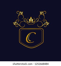 Vector illustration of vintage monograph, coat of arms, labels, office, bank, restaurant. Elegant decorative golden design on a dark background. Calligraphic font C.