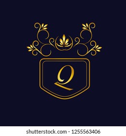 Vector illustration of vintage monograph, coat of arms, labels, office, bank, restaurant. Elegant decorative golden design on a dark background. Calligraphic font Q.