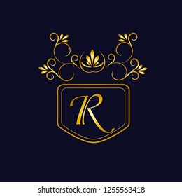 Vector illustration of vintage monograph, coat of arms, labels, office, bank, restaurant. Elegant decorative golden design on a dark background. Calligraphic font R.