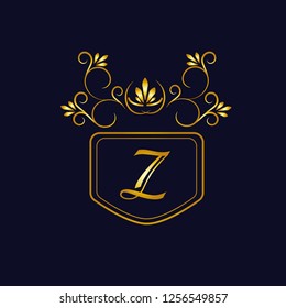 Vector illustration of vintage monograph, coat of arms, labels, office, bank, restaurant. Elegant decorative golden design on a dark background. Calligraphic font Z.