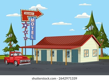 Vector illustration of a vintage motel with a classic red truck, featuring bold colors and nostalgic design elements