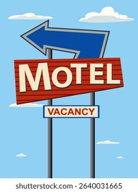 Vector illustration of a vintage motel sign with bold colors and clear sky background