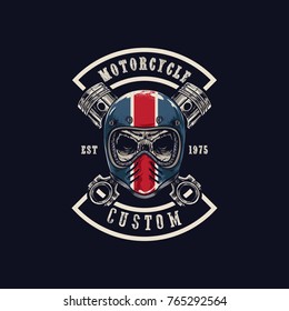 Vector illustration Vintage motorcycle Monochrome skull in helmet . t-shirt graphics. Biker t-shirt. Motorcycle emblem.