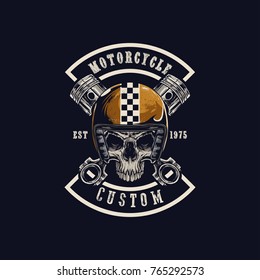 Vector illustration Vintage motorcycle Monochrome skull in helmet . t-shirt graphics. Biker t-shirt. Motorcycle emblem.