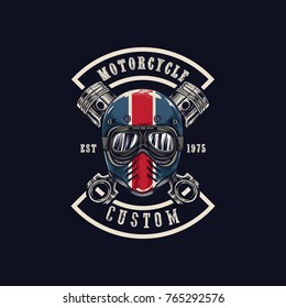 Vector illustration Vintage motorcycle Monochrome skull in helmet . t-shirt graphics. Biker t-shirt. Motorcycle emblem.