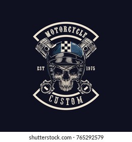 Vector illustration Vintage motorcycle Monochrome skull in helmet . t-shirt graphics. Biker t-shirt. Motorcycle emblem.