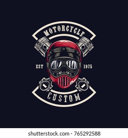 Vector illustration Vintage motorcycle Monochrome skull in helmet . t-shirt graphics. Biker t-shirt. Motorcycle emblem.