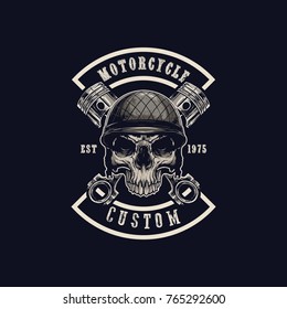 Vector illustration Vintage motorcycle Monochrome skull in helmet . t-shirt graphics. Biker t-shirt. Motorcycle emblem.