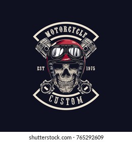 Vector illustration Vintage motorcycle Monochrome skull in helmet . t-shirt graphics. Biker t-shirt. Motorcycle emblem.