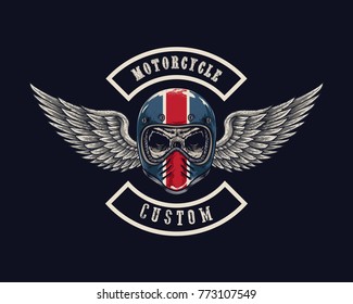 Vector illustration Vintage motorcycle Monochrome skull in helmet . t-shirt graphics. Biker t-shirt. Motorcycle emblem.