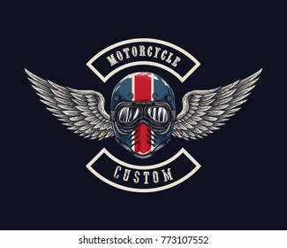 Vector illustration Vintage motorcycle Monochrome skull in helmet . t-shirt graphics. Biker t-shirt. Motorcycle emblem.