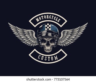 Vector illustration Vintage motorcycle Monochrome skull in helmet . t-shirt graphics. Biker t-shirt. Motorcycle emblem.