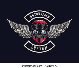 Vector illustration Vintage motorcycle Monochrome skull in helmet . t-shirt graphics. Biker t-shirt. Motorcycle emblem.