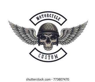 Vector illustration Vintage motorcycle Monochrome skull and wing in helmet . t-shirt graphics. Biker t-shirt. Motorcycle emblem.