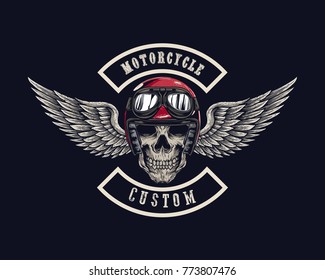 Vector illustration Vintage motorcycle Monochrome skull and wing in helmet . t-shirt graphics. Biker t-shirt. Motorcycle emblem.