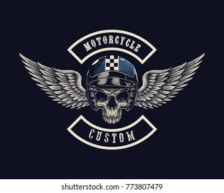 Vector illustration Vintage motorcycle Monochrome skull and wing in helmet . t-shirt graphics. Biker t-shirt. Motorcycle emblem.